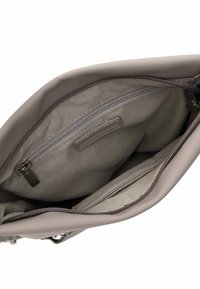 Gray handbag with a fabric interior, featuring a zippered pocket and two pouch-style compartments. Smooth material with a matte finish.