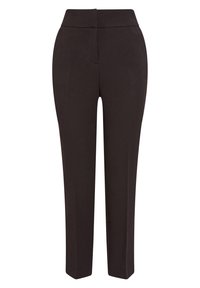 Černé kalhoty na míru s hladkým, elastickým materiálem, slim fit a zúženým pasem. Obsahují skryté přední zapínání a zadní kapsy.