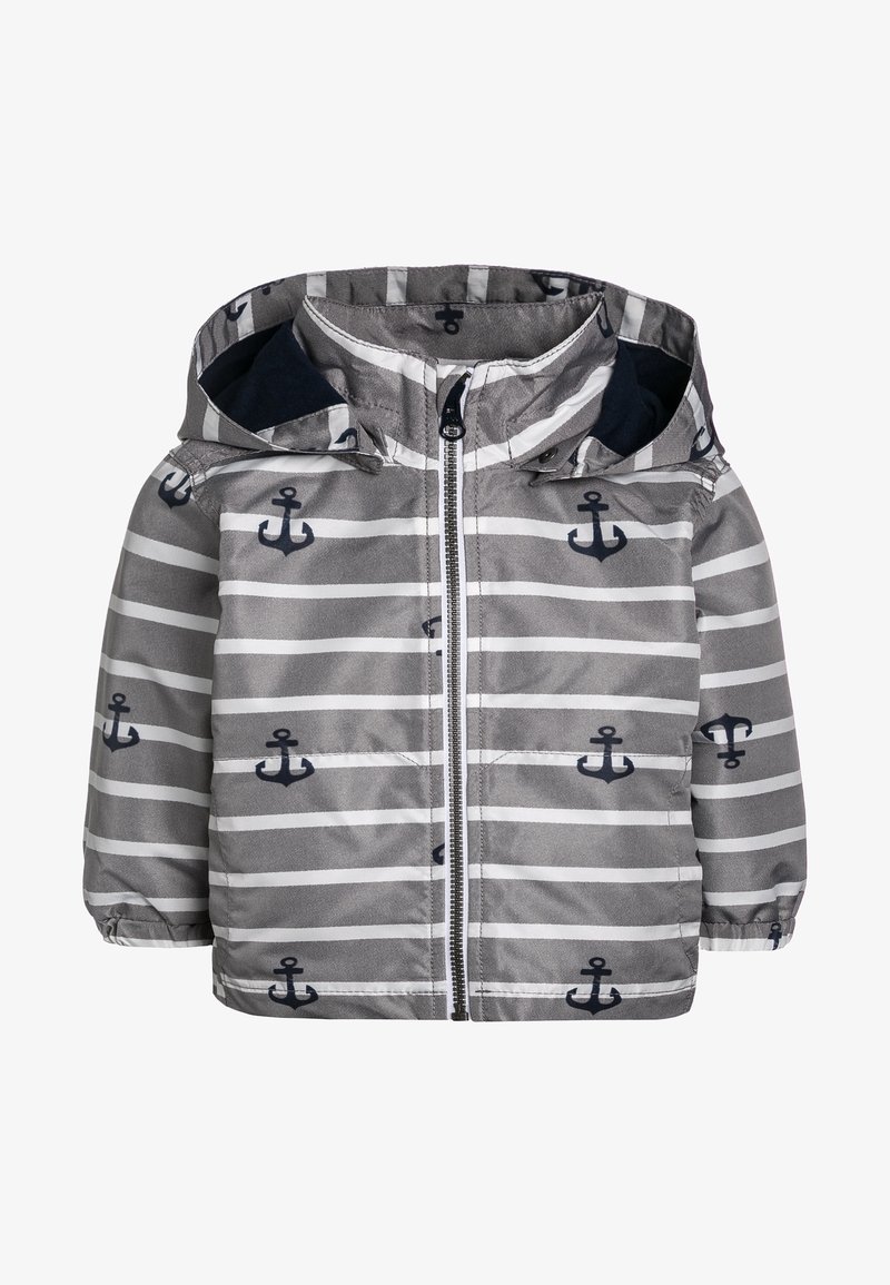 Graue Kapuzenjacke für Kinder mit weißen horizontalen Streifen und marineblauem Anker-Muster, Frontreißverschluss und elastischen Bündchen.
