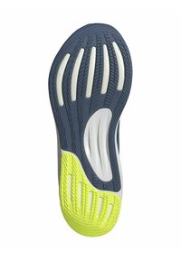 Schuhsohle mit einem dunkelblauen Obermaterial, gelben Akzenten und einem strukturierten Profilmuster für Grip. Verfügt über Rillen und Aussparungen für Flexibilität.