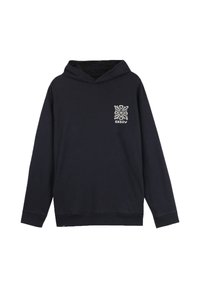 Sweat-shirt à capuche bleu marine en mélange de coton, doté d'une poche avant et d'un logo brodé blanc sur le côté gauche de la poitrine.