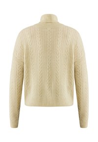 Maglione crema a trecce con colletto alto, caratterizzato da motivi in rilievo e dettagli a coste sui polsini e sull'orlo. Tessuto testurizzato e spesso.