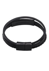 Bracciale in pelle intrecciata nera con chiusura in acciaio inossidabile. Caratterizzato da una superficie liscia e bordi arrotondati, mette in risalto la durabilità e il design.