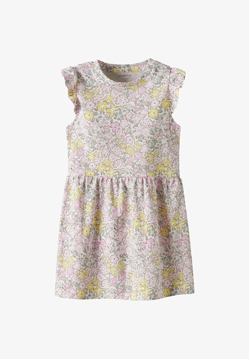 Floral dress made of cotton, featuring a light pink base with yellow and purple flower patterns, short ruffled sleeves, and a gathered waistline.