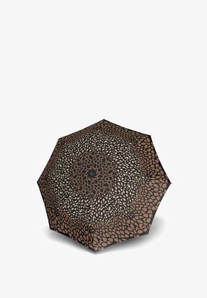 Brown and black patterned umbrella with a circular design, featuring a textured surface and a centrally placed button mechanism.