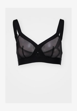Soutien-gorge noir avec un design en maille transparente, front croisé, bretelles ajustables et bande lisse. Matériel minimal, forme moderne.