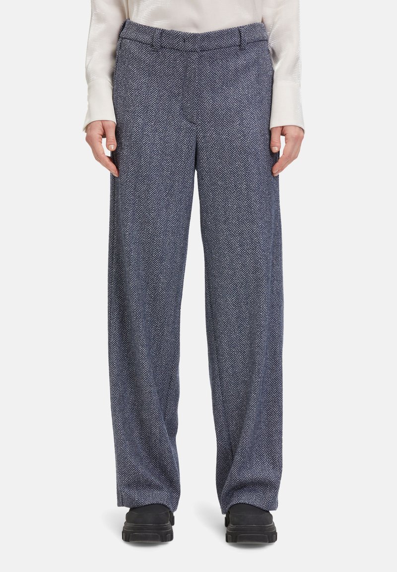 Brede broekspijpen in een marineblauw houndstoothpatroon, met een soepele textuur, een stijlvolle tailleband en subtiele voorkruisingen.