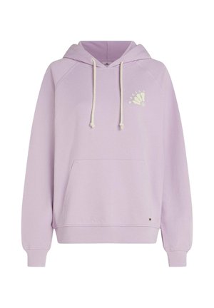 Sudadera con capucha de color lila claro con cordones, bolsillo frontal y un pequeño gráfico en el pecho. Presenta puños y dobladillo acanalados.