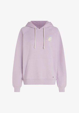 Sudadera con capucha de color lila claro con cordones, bolsillo frontal y un pequeño gráfico en el pecho. Presenta puños y dobladillo acanalados.