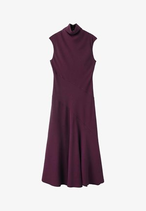 Robe sans manches à col montant de couleur violet foncé, avec un corsage ajusté et une jupe évasée, présentant des détails de coutures diagonales et une fermeture à boutons au niveau du col.