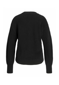 Mustles mütsitud must särk, millel on lõdva istuvus, madalad õlavarreosad ja soonikkoes mansetid. Tekstuur on paks ja hubane.