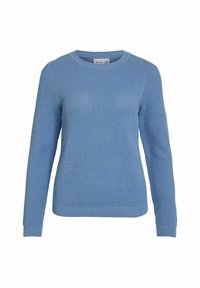 Blauer Strickpullover mit strukturiertem Wabenmuster. Mit langen Ärmeln, Rundhalsausschnitt und gerippten B�ündchen und Saum.