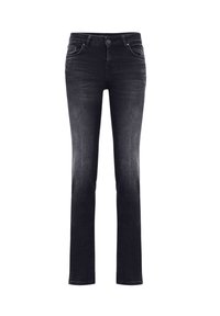 Zwarte straight-leg jeans, gemaakt van denim met een licht vervaagde afwerking. Bevat een vijf-pocket ontwerp en een standaard tailleband met knoopsluiting.