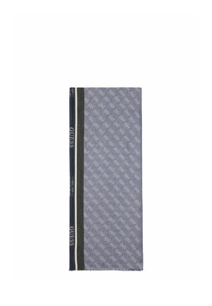 Bufanda rectangular gris con un patrón repetido de monograma en gris claro y rayas verticales en negro, blanco y azul marino a lo largo de un borde con texto de la marca.