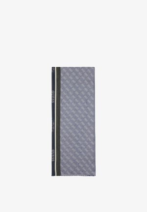 Écharpe rectangulaire grise avec motif monogramme gris clair répété et rayures verticales en noir, blanc et marine le long d’un bord avec texte de marque.