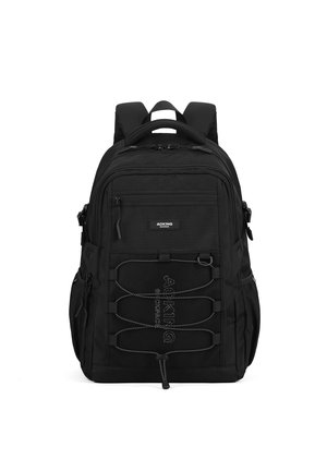 Black backpack with padded shoulder straps, multiple zippered compartments, front bungee cord design, and brand logo on the front.