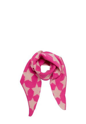 Pink and beige scarf with large star patterns, folded in a loop against a white background.