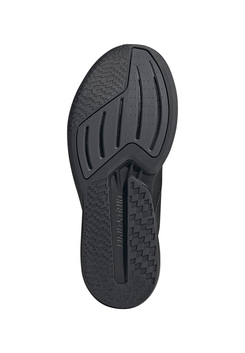 Suola di sandalo nera con motivo antiscivolo testurizzato, scanalature per la flessibilità e design aerodinamico. Materiali includono gomma per la durabilità.