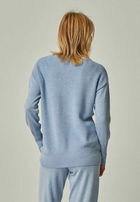 Helles blaugraues Strickpullover mit geripptem Textil, lässiger Passform und langen Ärmeln, von hinten vor einem neutralen Hintergrund gezeigt.