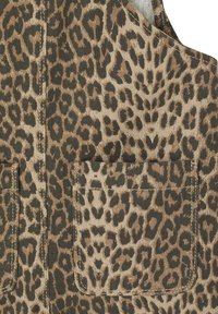 Leopard print fabric in shades of brown and beige, featuring two front pockets and visible stitching details.
