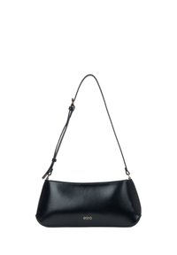 Black leather handbag with a curved shape, a slim adjustable strap, and a gold logo detail. Smooth texture with no visible patterns.