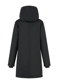 Manteau long à capuche noire avec des manches longues, couture visible le long du dos, et une petite étiquette près de l'ourlet sur fond blanc.
