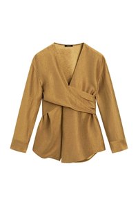 Top avvolgente oro a maniche lunghe con finitura testurizzata e design plissettato. Caratterizzato da una profonda scollatura a V e un orlo asimmetrico.