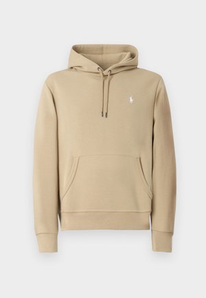 Beige hoodie van zachte stof met een kangoeroezak, een capuchon met trekkoord en een klein logo geborduurd op de borst. Voorzien van ribgebreide manchetten.