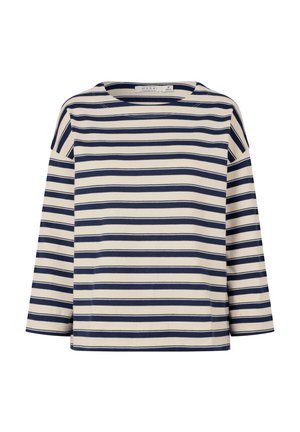 Gestreepte lange mouwen top in crèmekleurig en marineblauw. Heeft een ronde halslijn en een losse pasvorm. Gemaakt van zachte, ademende stof.