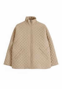 Bézs színű, gyémántmintás steppelt dzseki álló gallérral, elülső cipzárral és két ferdén szabott zsebbel, patentos záródással.