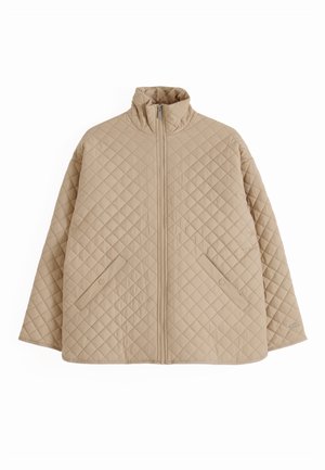 Beżowa pikowana kurtka z przeszyciami w kształcie rombów, stojącym kołnierzem, przednim zamkiem błyskawicznym i dwoma skośnymi kieszeniami zapinanymi na zatrzaski.
