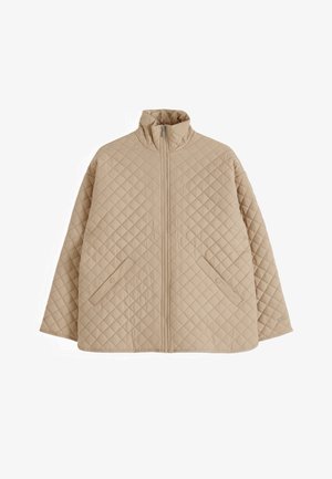 Beżowa pikowana kurtka z przeszyciami w kształcie rombów, stojącym kołnierzem, przednim zamkiem błyskawicznym i dwoma skośnymi kieszeniami zapinanymi na zatrzaski.