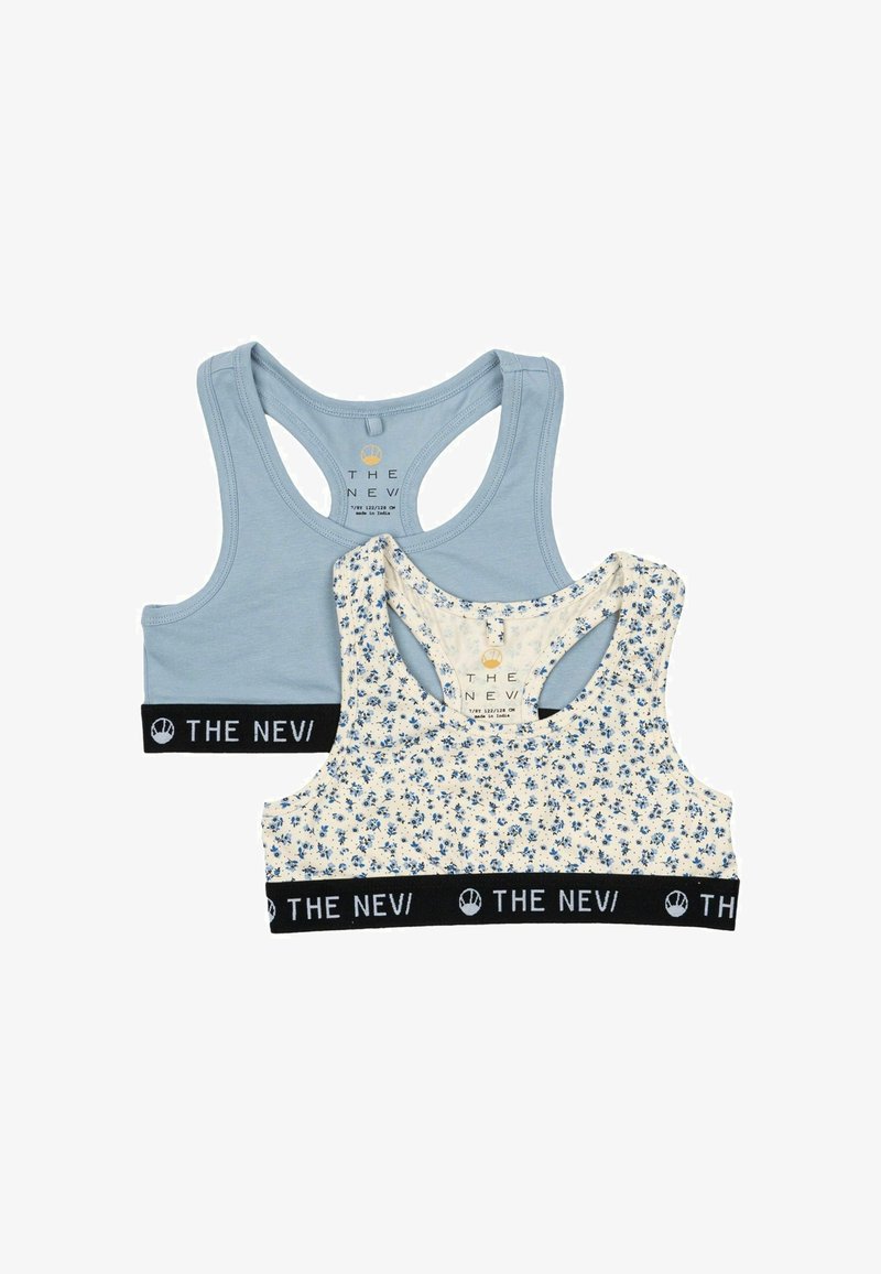 Két mellbimbó takaró: az egyik világoskék pamut, racerback fazonban, a másik krémszínű kék virágmintával, mindkettő fekete logós derékpánttal.