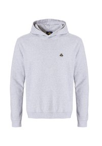 Lichtgrijze hoodie gemaakt van zachte stof, met een buidelzak, ribgebreide manchetten en zoom, en een klein zwart en geel logo op de borst.
