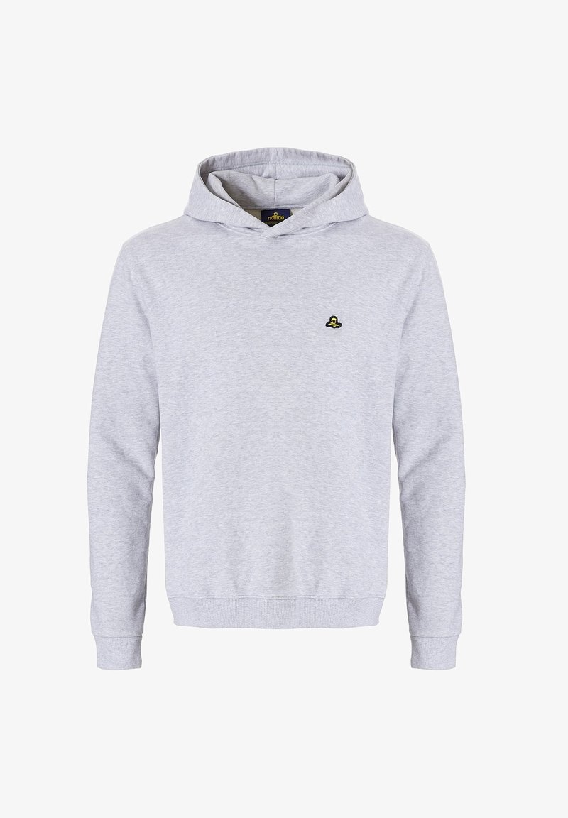 Lichtgrijze hoodie gemaakt van zachte stof, met een buidelzak, ribgebreide manchetten en zoom, en een klein zwart en geel logo op de borst.