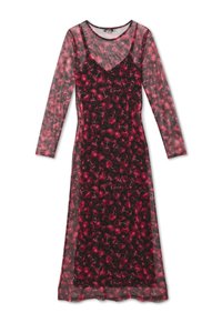 Langermet gjennomsiktig kjole med lagdelt kirsebærtrykk, tettsittende liv og dyp utringning.