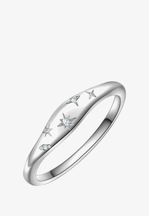 Sillár ezüst gyűrű sima felülettel, öt csillag alakú díszítménnyel és három csillogó drágakővel. Elegáns, ívelt formavilág.