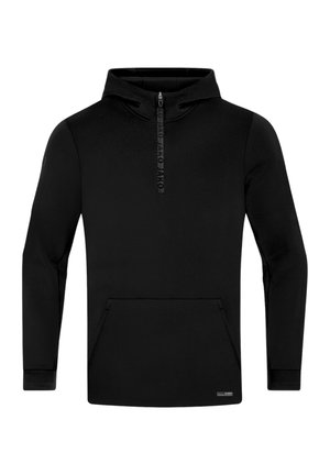 Zwarte sweater met capuchon en een halve rits aan de voorkant, kangoeroezak, lange mouwen en een zachte textuur; bevat een logo op de borst en de boorden.