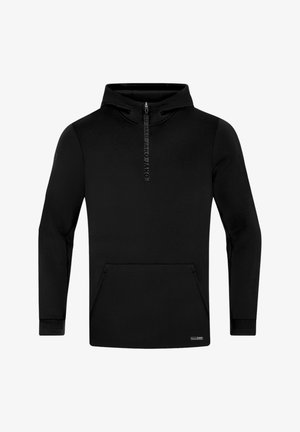 Zwarte sweater met capuchon en een halve rits aan de voorkant, kangoeroezak, lange mouwen en een zachte textuur; bevat een logo op de borst en de boorden.