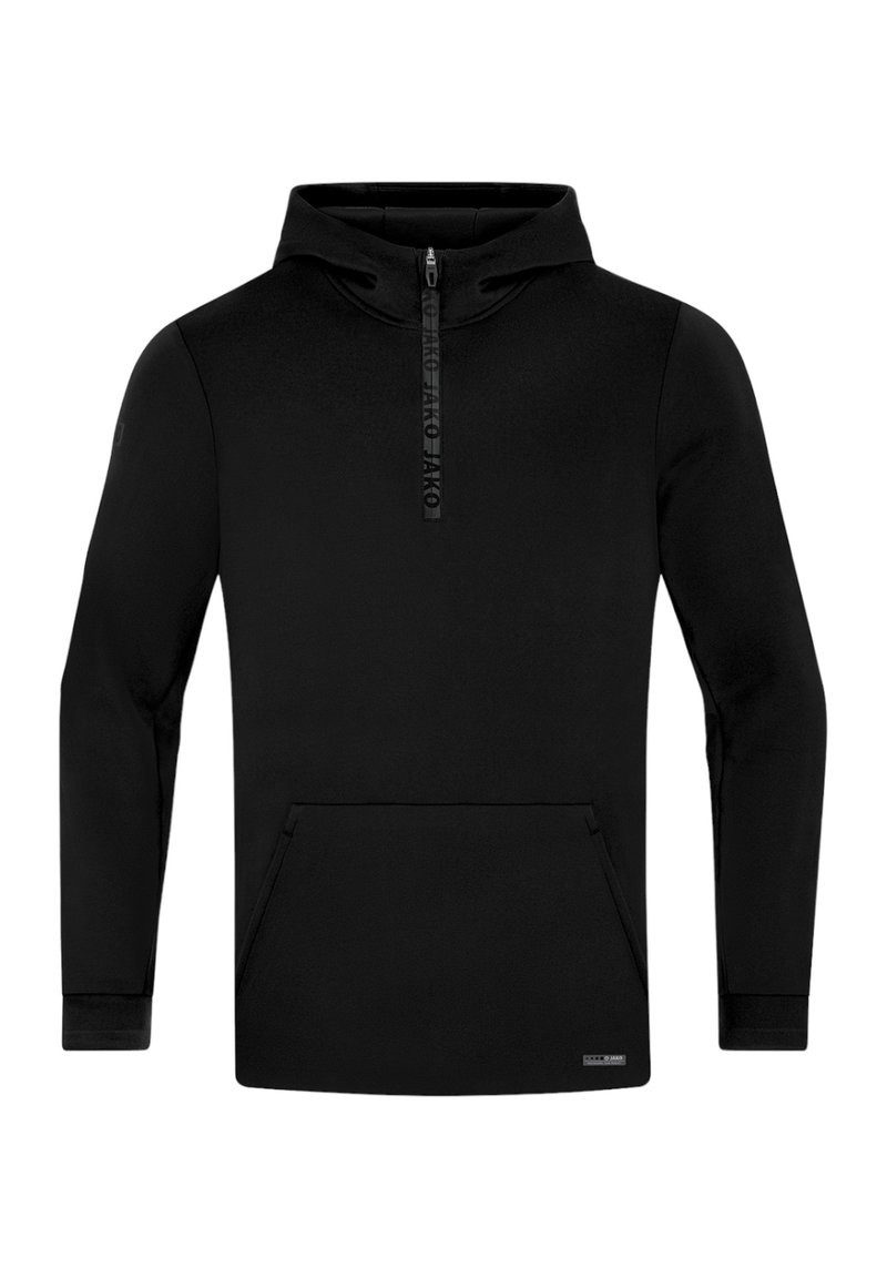Sweat à capuche noir avec une demi-fermeture éclair à l'avant, poche kangourou, manches longues et une texture douce ; présente un logo sur la poitrine et les poignets.