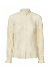 Langærmet bluse i cremefarvet blonde med høj krave, knaplukning foran og blomstermønster over hele stoffet.