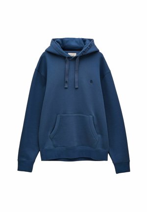 Námořnická modrá mikina s kapucí vyrobená z měkké látky, s přední kapsou, žebrovanými manžetami a dekorativními šňůrkami na kapuci.