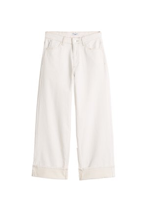 Weiße Jeans mit weitem Bein, fünf Taschen, Knopf- und Reißverschluss sowie umgeschlagenen Säumen, präsentiert vor einem schlichten weißen Hintergrund.