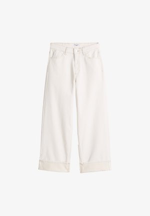 Weiße Jeans mit weitem Bein, fünf Taschen, Knopf- und Reißverschluss sowie umgeschlagenen Säumen, präsentiert vor einem schlichten weißen Hintergrund.