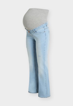 Jeans premaman azzurri chiaro con una fascia grigia elastica progettata per adattarsi al pancione della gravidanza.