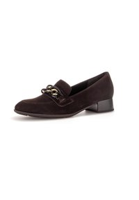 Brown suede loafer with a small block heel, featuring a decorative chain accent on the vamp and stitching details along the edge.