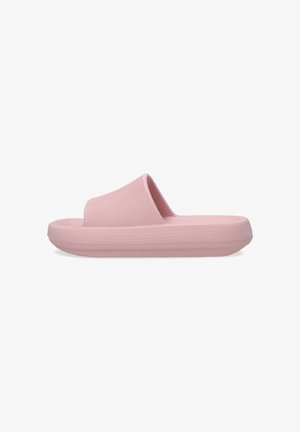 Pink rubber slide sandal featuring a wide strap, textured surface, and a thick, cushioned sole. Simple, minimalistic design.