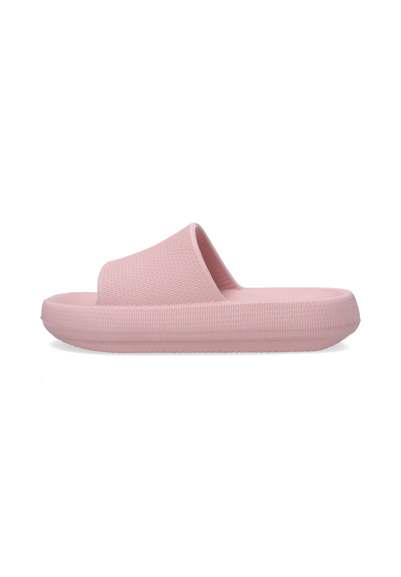 Pink rubber slide sandal featuring a wide strap, textured surface, and a thick, cushioned sole. Simple, minimalistic design.