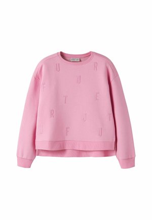 Sweat-shirt rose à manches longues avec des lettres en relief dispersées sur le devant formant le mot "FUTURE" dans un motif répétitif.