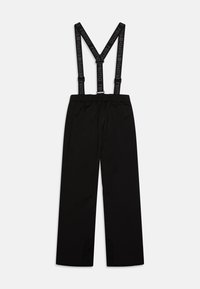 Pantaloni impermeabili neri con bretelle nere regolabili, caratterizzati da una vestibilità comoda e una vita elastica, adatti per attività all'aperto.